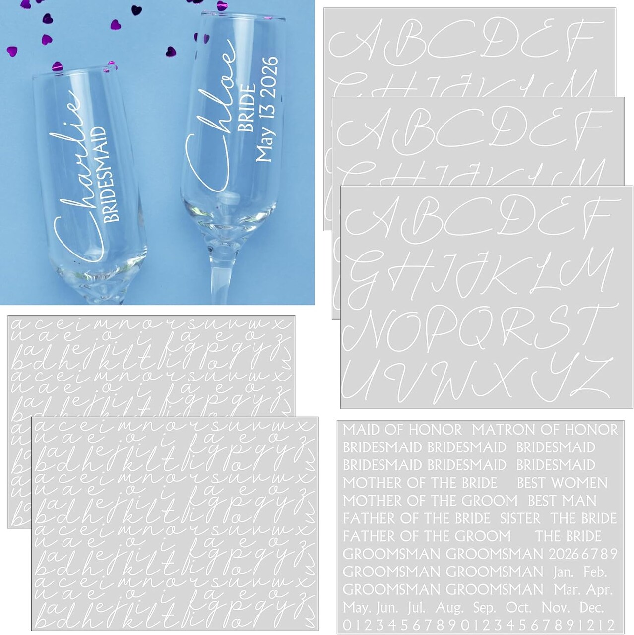 6 Sheets Bride & Bridesmaid UV DTF Letter Stickers – Waterproof Custom Vinyl Name Decals for Champagne Glasses, Tumblers, Wedding Gift Boxes, Bridal Shower & Bachelorette Party Decor (White)